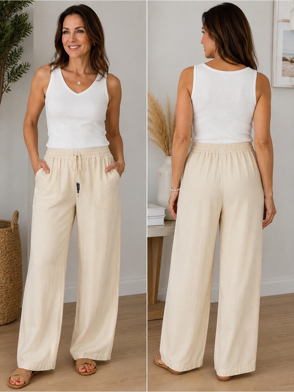 Vanity Wide-Leg Drawstring Pants in Cream
